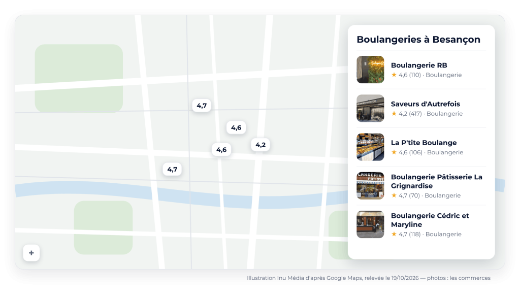 Recherche de boulangeries à Besançon sur Google Maps avec fiches et notes