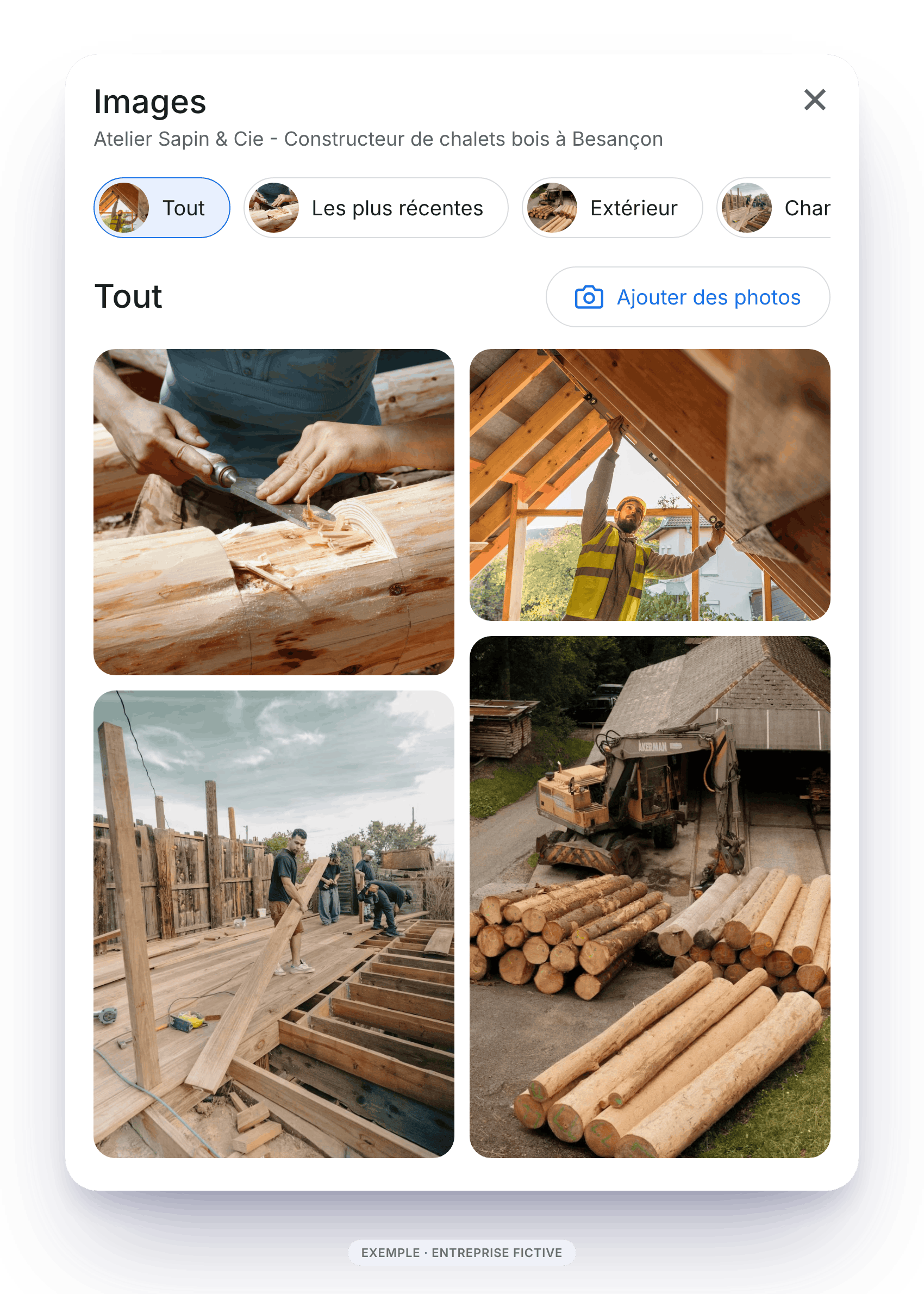 Photos d'une fiche Google My Business d'une entreprise de construction de chalets