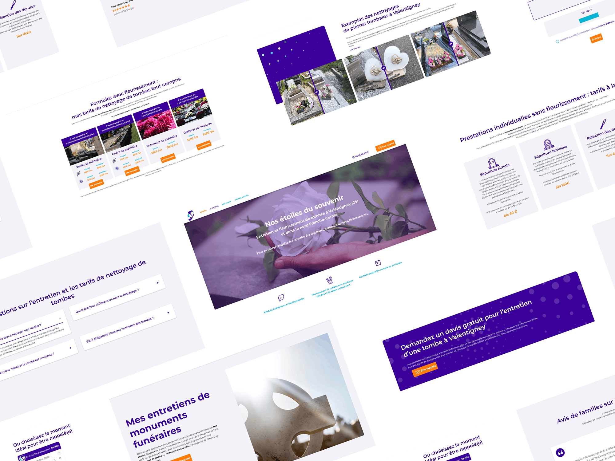 Planche de webdesign d'un site de nettoyage funéraire, WordPress sur mesure