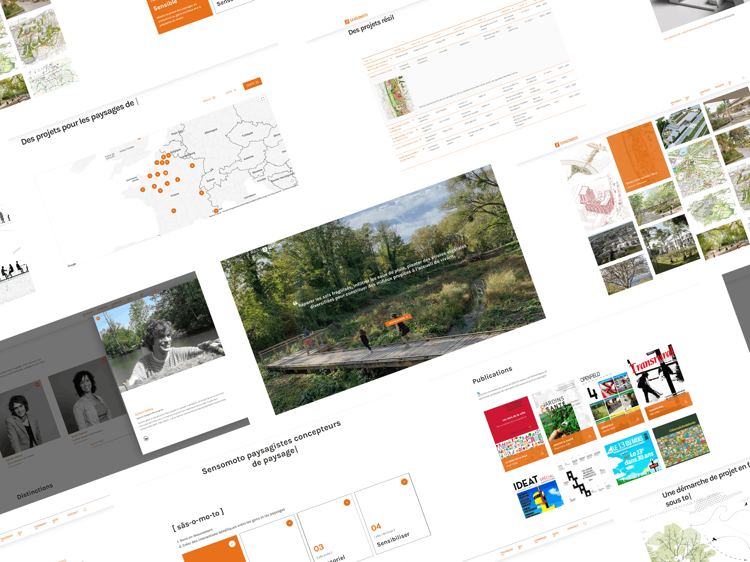 Planche de webdesign du site Sensomoto : accueil, carte des projets, publications et équipe