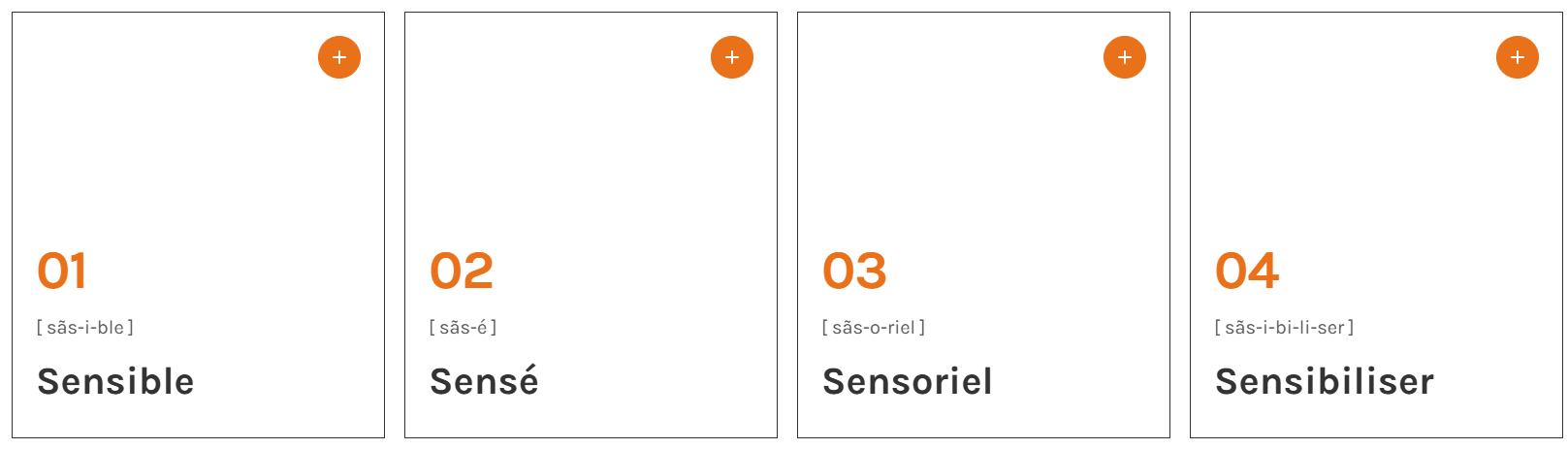 Quatre cards interactives du site Sensomoto : Sensible, Sensé, Sensoriel et Sensibiliser