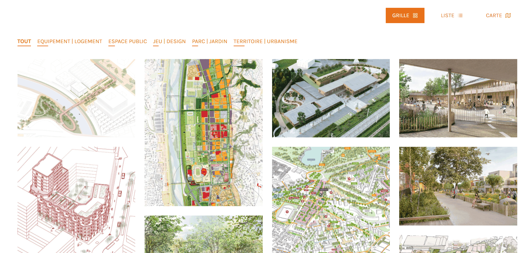 Vue en grille des projets Sensomoto, filtrable par type : espace public, parc et jardin, urbanisme