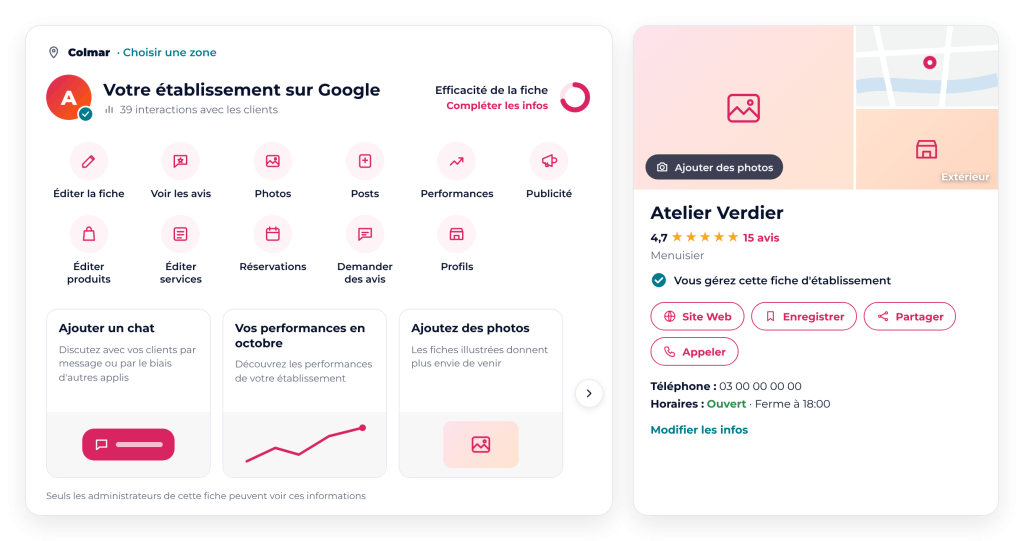 Tableau de bord Google Business Profile pour suivre l’optimisation d’une fiche Google